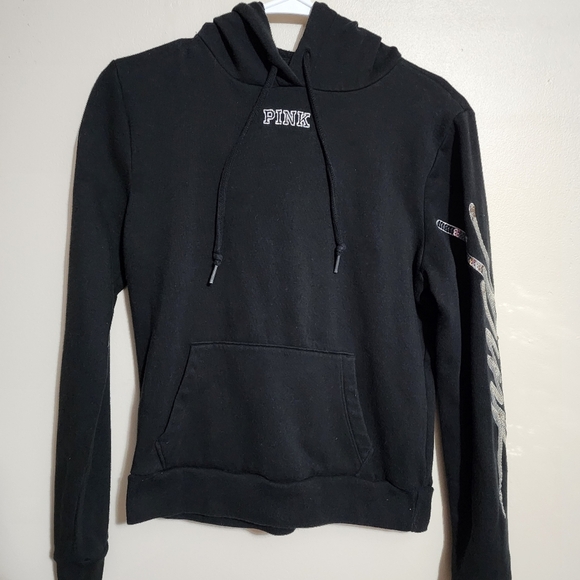 Victoria‎ Secret PINK Bling Sequin Hoodie 2019 Size XS Logo Black Silver - Picture 1 of 4